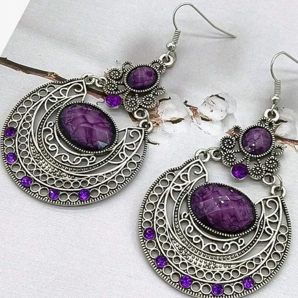 Any 4/$25! Antiqued Silver Purple Gem Boho Earrings - Picture 1 of 6